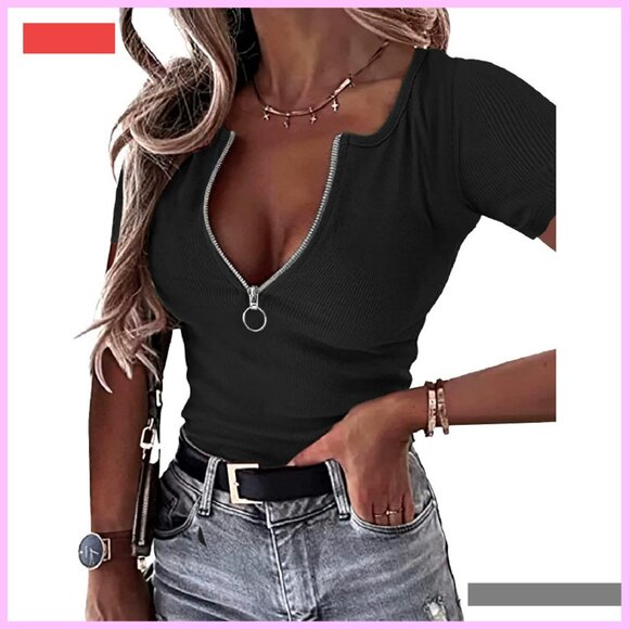 Ribbed Knit Henley Top Slim Fit V Neck Zip Up Summer Blouse - Picture 2 of 4